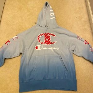 Bright blue reverse weave champion hoodie, size men’s large